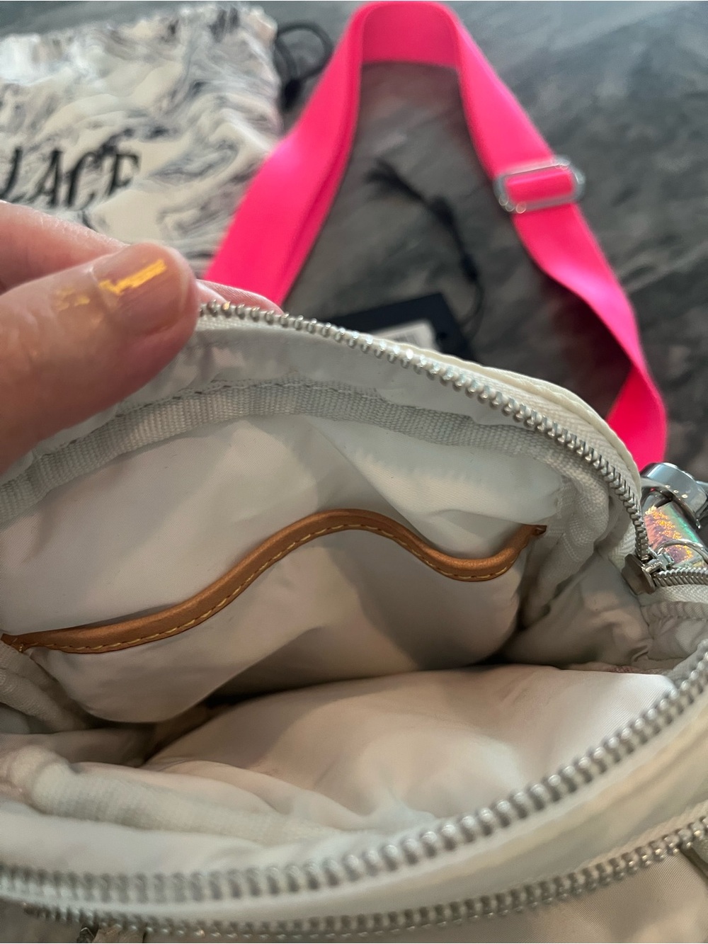 MZ Wallace Mini Bowery Crossbody bag. Pearl w/silver, hot pink strap - Picture 5 of 6